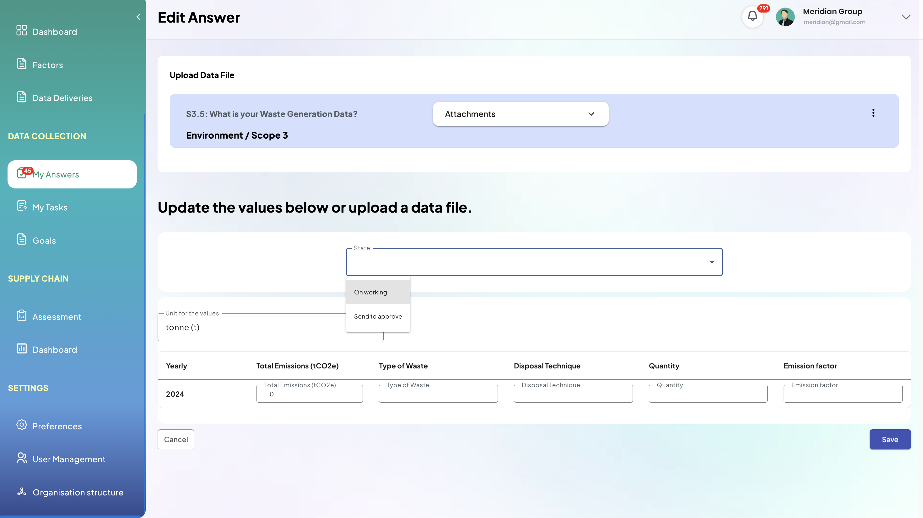 SEED ESG data entry screen — monthly activity data submission form with file attachments